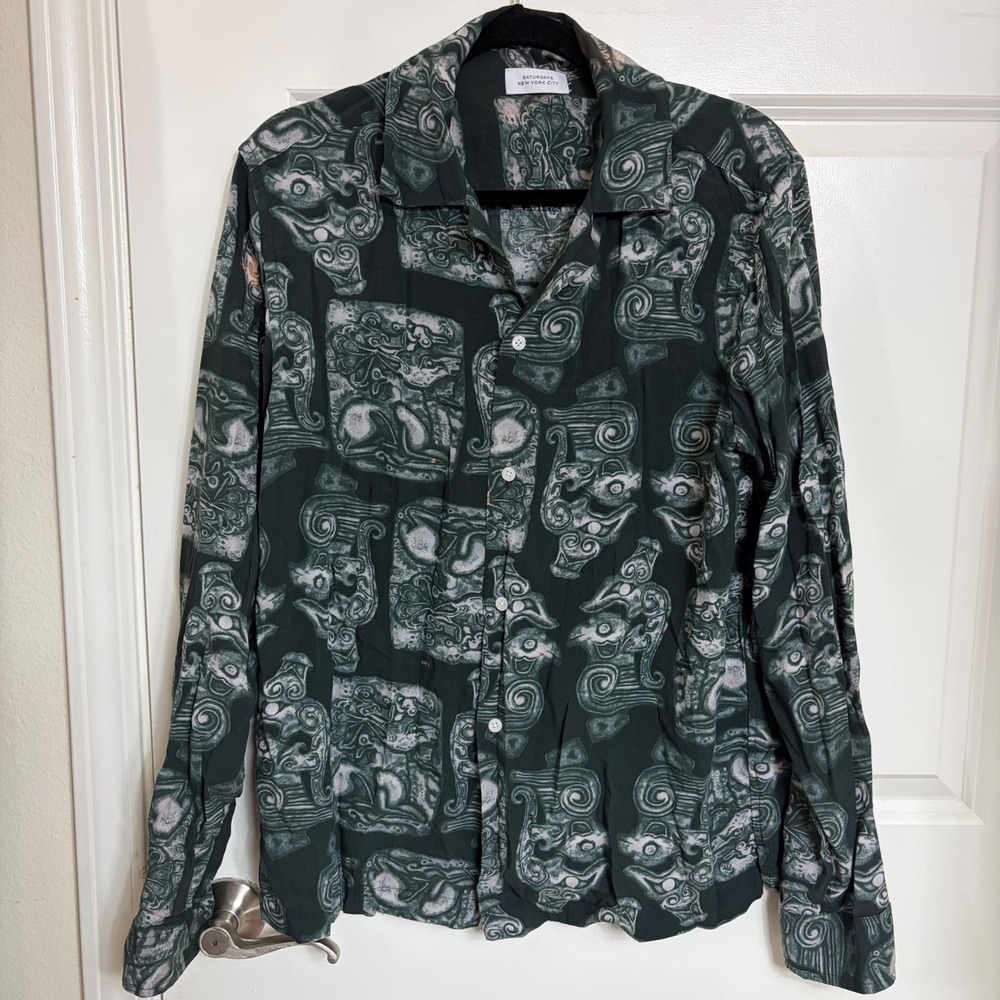 Saturdays New York City Mens Green Abstract Print Viscose Button Down Shirt M